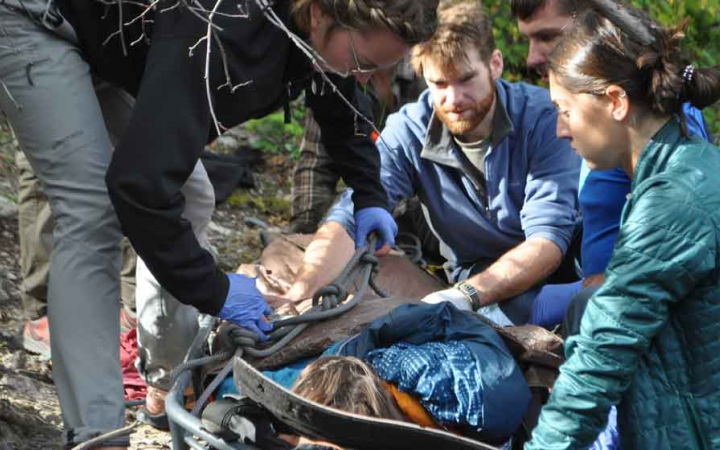four people participate in a wilderness first responder exercise